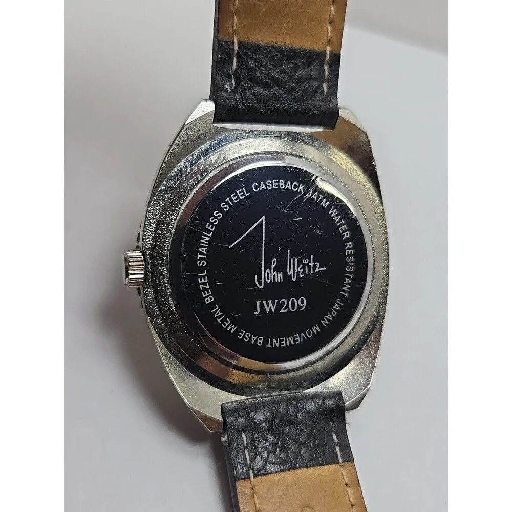 John Weitz JW209 Mens Day Date 24 Hour Black Dial Leather Wristwatch New Battery
